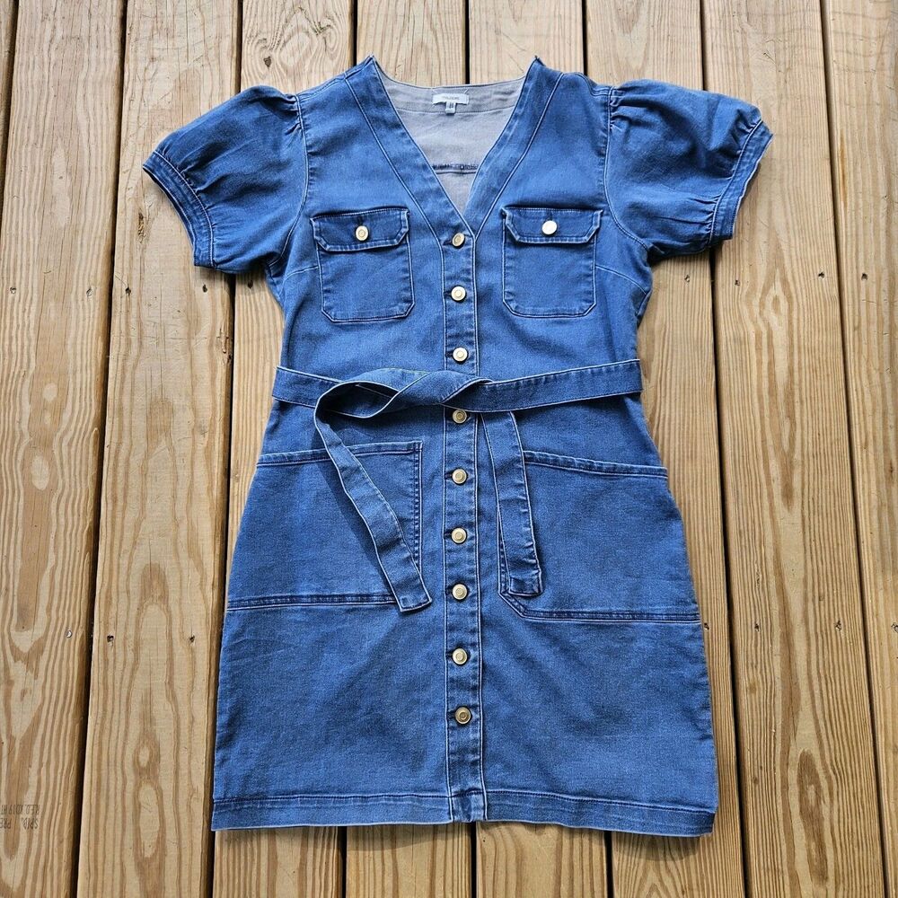 Denim V Neck Button Front Mini Dress Belted Cotton Blend Casual Pockets Medium